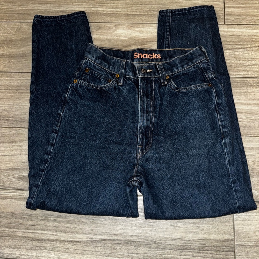 Mother  Snacks Straight Jeans Dark Blue Solid Denim Button Zip Women's Dark Wash